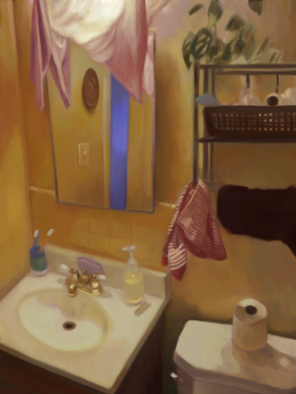 A digital painting of a bathroom with soft golden lighting. It's quite nice, I think.