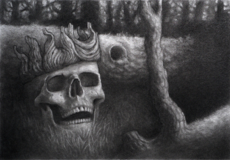 A charcoal drawing of a gloomy glade, with a skull wearing a wooden crown in the middle foreground.