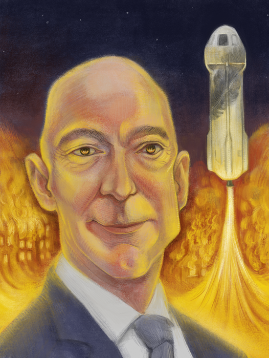 A slightly stylized bust portrait of Jeff Bezos, in front of one of his Blue Origin rockets, taking off and blasting everything in the background with fire. The fire glows in Jeff's eyes.
