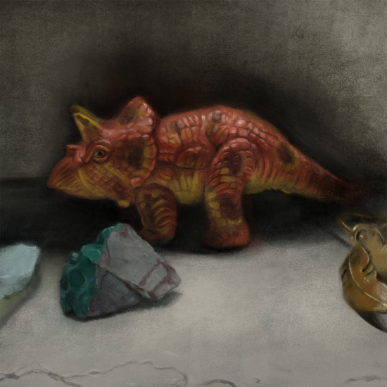 A close-up, digital still life painting of a toy dinosaur and some decorative rocks.