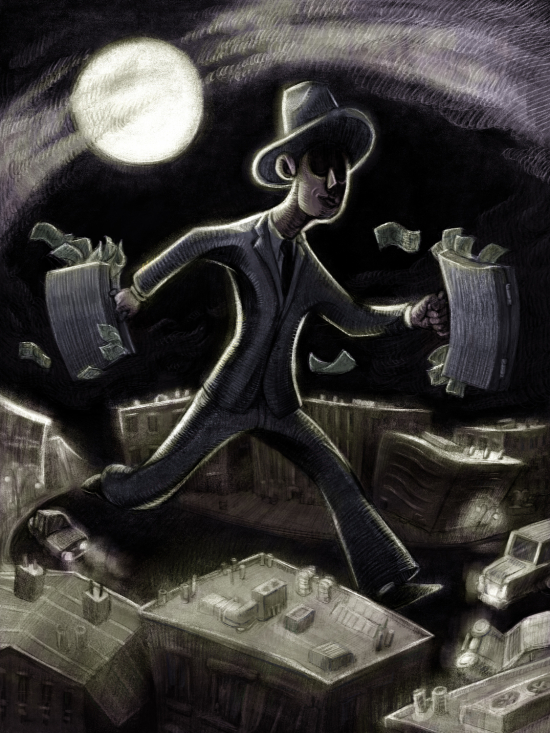 Illustration of man running through city, holding briefcases overflowing with money