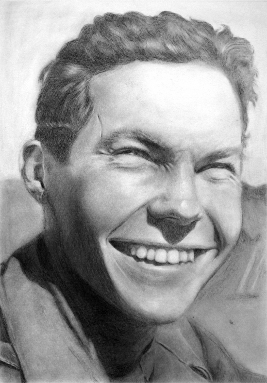 A realistic graphite rendering of the artist's grandfather as a young man, smiling.