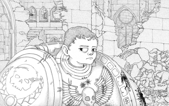 A pen & ink style digital drawing of a young-looking boy wearing oversized battle armor, similar to space marine armor from the tabletop game Warhammer 40,000.