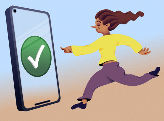 A woman leaping through the air to push a confirmation button on an oversized smartphone screen