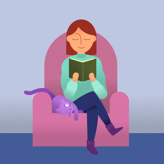 A woman reading a book in a comfy chair, with a cat possibly trying to get her attention.