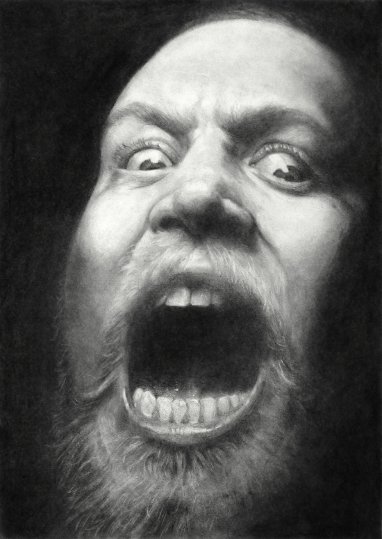 A close-up portrait of the artist emerging from a dark background, screaming.